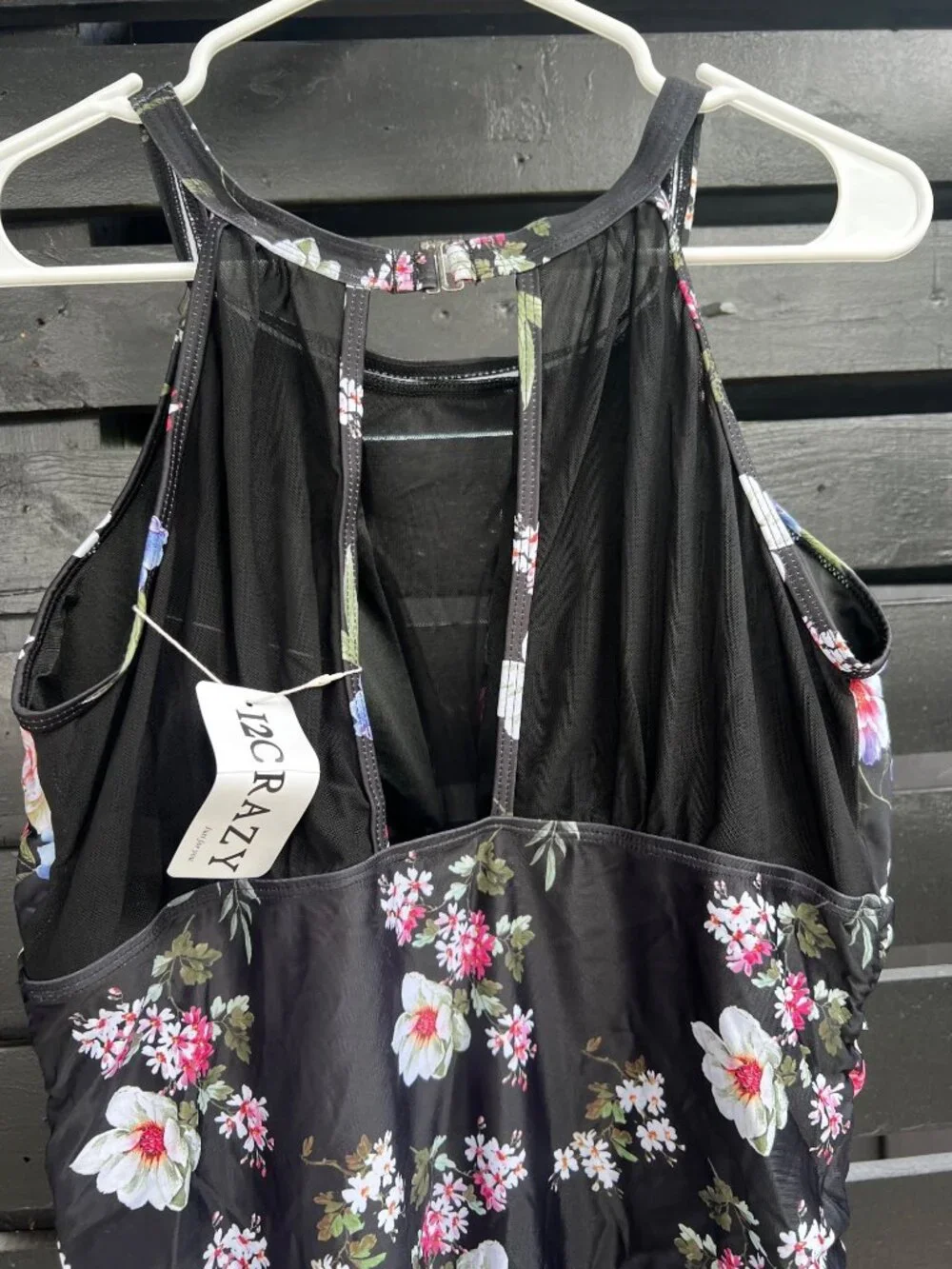 NWT Women’s Black Floral One Piece Swimsuit Mesh Chest Panel See Through Detail